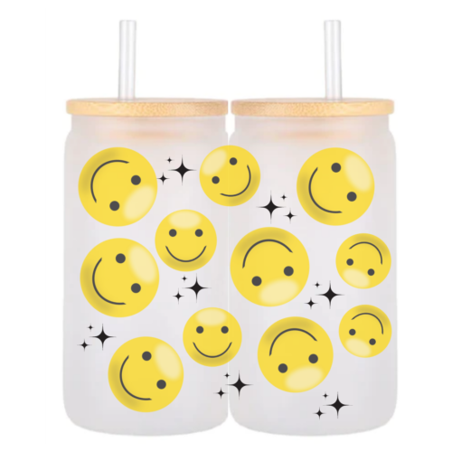 16oz Frosted Glass Can - Smiley Stars